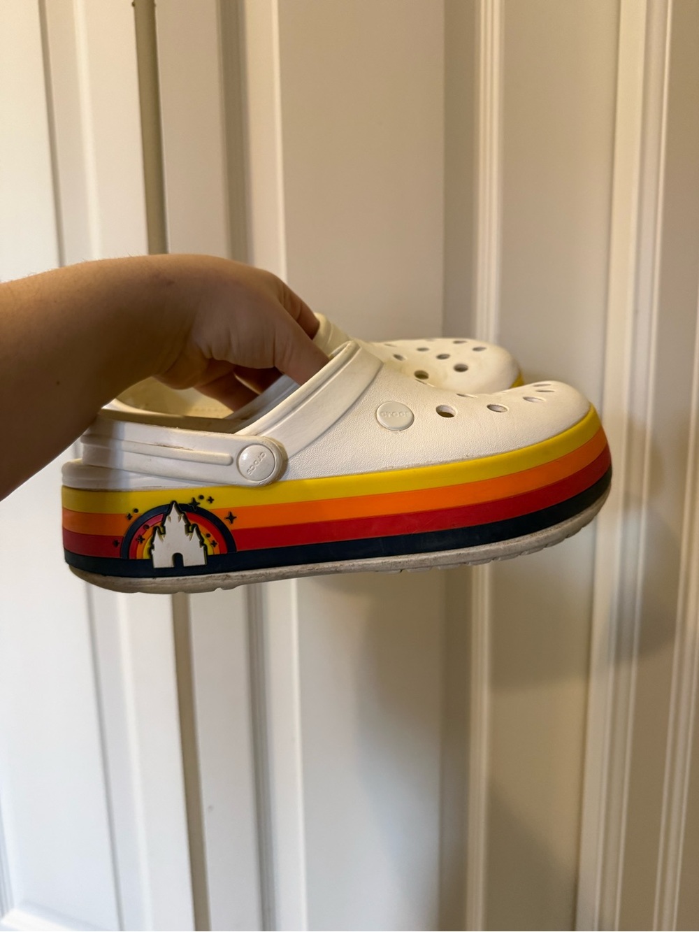CROCS White Disney Clog with Yellow, Orange, Red & Navy Stripe